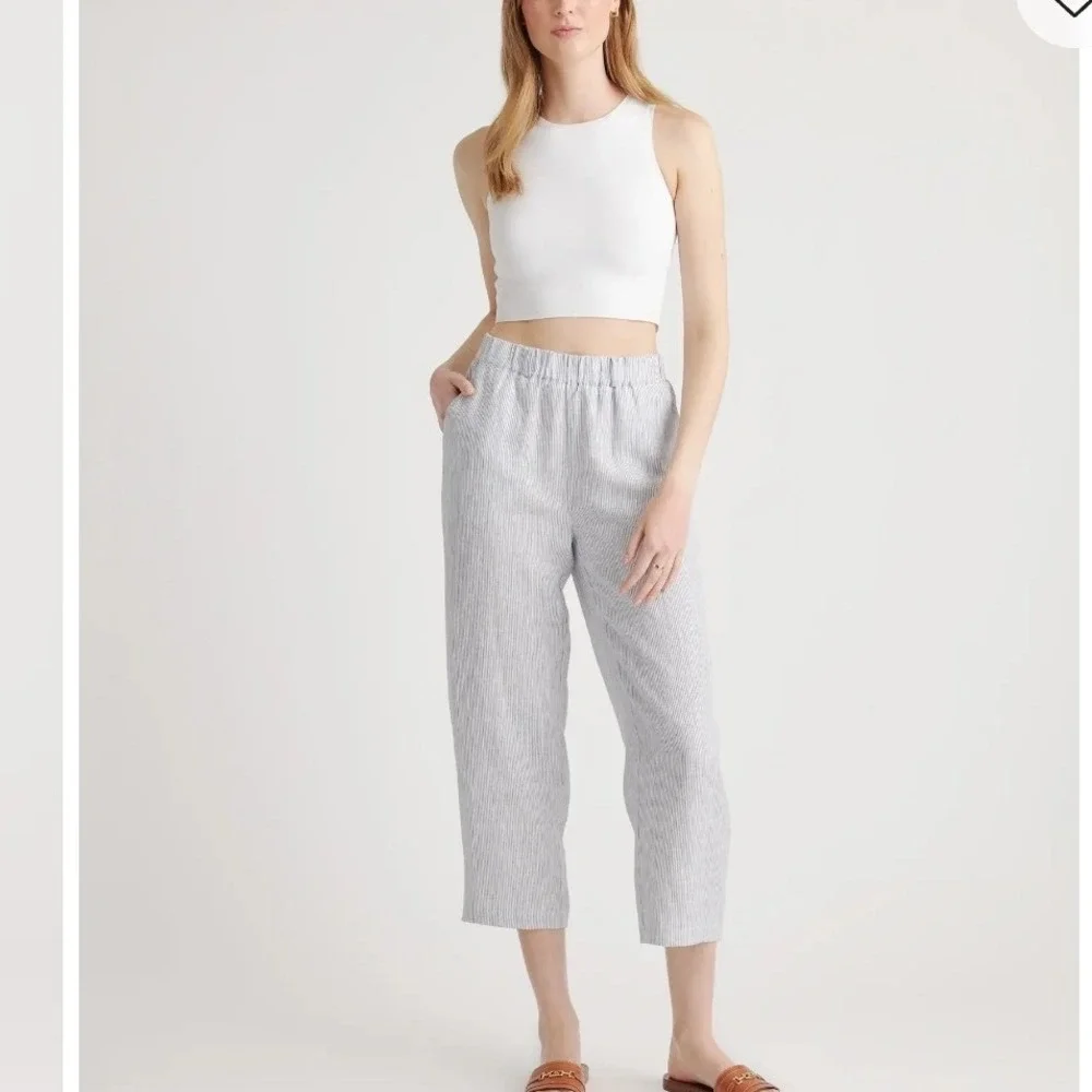 Quince 100% European Linen Pants in Blue Pinstripe Size Large